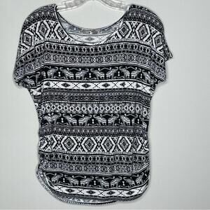 Black & White Elephant Printed Short Sleeve Top Large